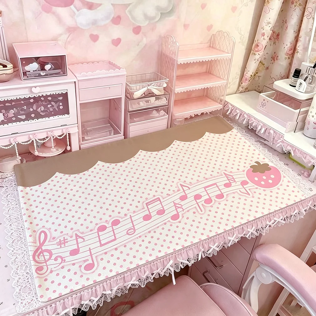 Pink Red Strawberry Polka Dots Music Notes Girl PU Leather Desk Pad Protector Y2K Mouse Pad Office Desk Mat Desk Blotter Pad
