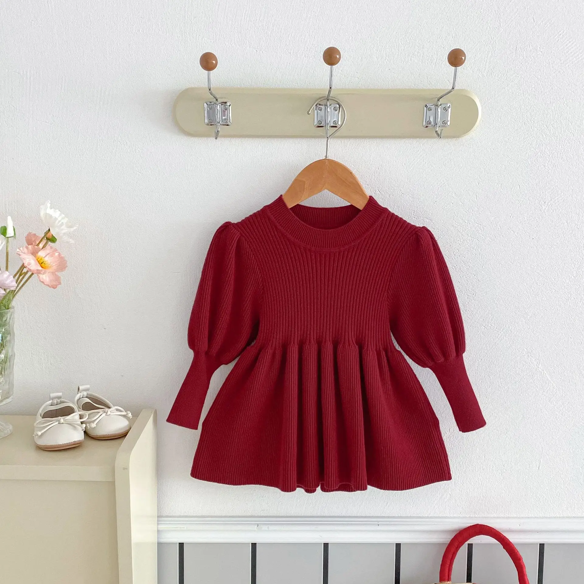 0-4Y فساتين الرضع الصلبة طفل الفتيات قطعة واحدة فستان منسوج للأطفال موضة الربيع الملابس سترة غير رسمية الأحمر عيد الميلاد طفل #6