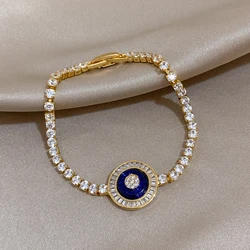 Flashbuy Zircon Stainless Steel Chain Bracelets for Women Charm Blue Acrylic Round Pendant Bracelet Fashion Jewelry Gift