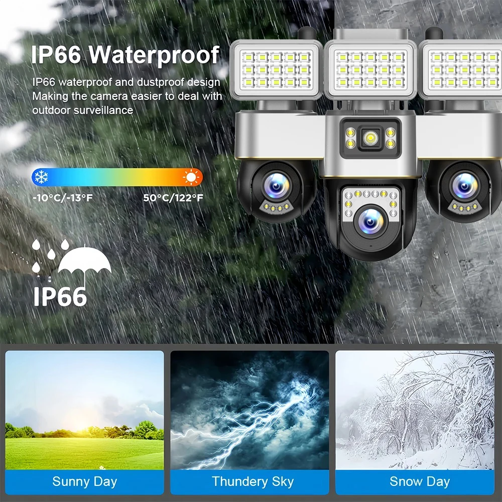 واي فاي كاميرا مراقبة بعدسة ثلاثية 12MP في الهواء الطلق PTZ CCTV كامل اللون للرؤية الليلية إضاءة مقاومة للماء كاميرا ويب اتجاهين الصوت