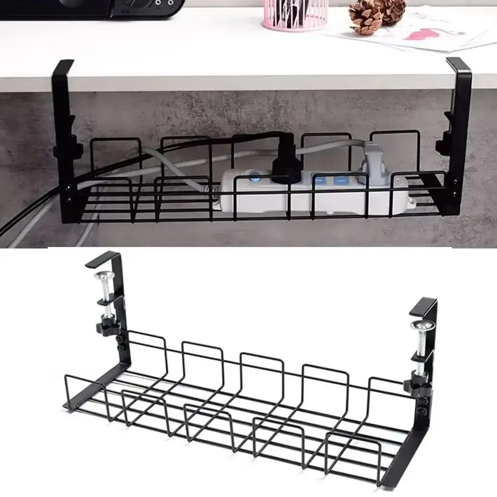No Punching Under Table Storage Rack Sturdy Space Saving Metal Cable Management Tray Hanging Shelf Adjustable Clamps