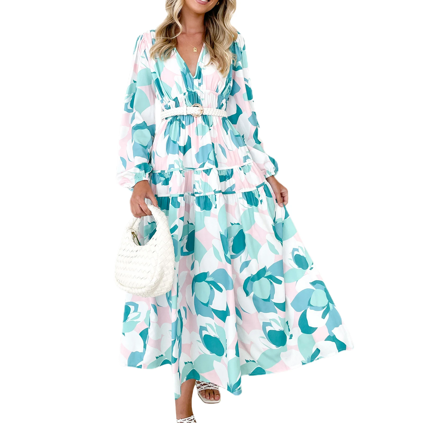 Robe longue bohème à imprimé floral pour femmes, col en V, manches longues, décontracté, élégant, plage, vacances, fête