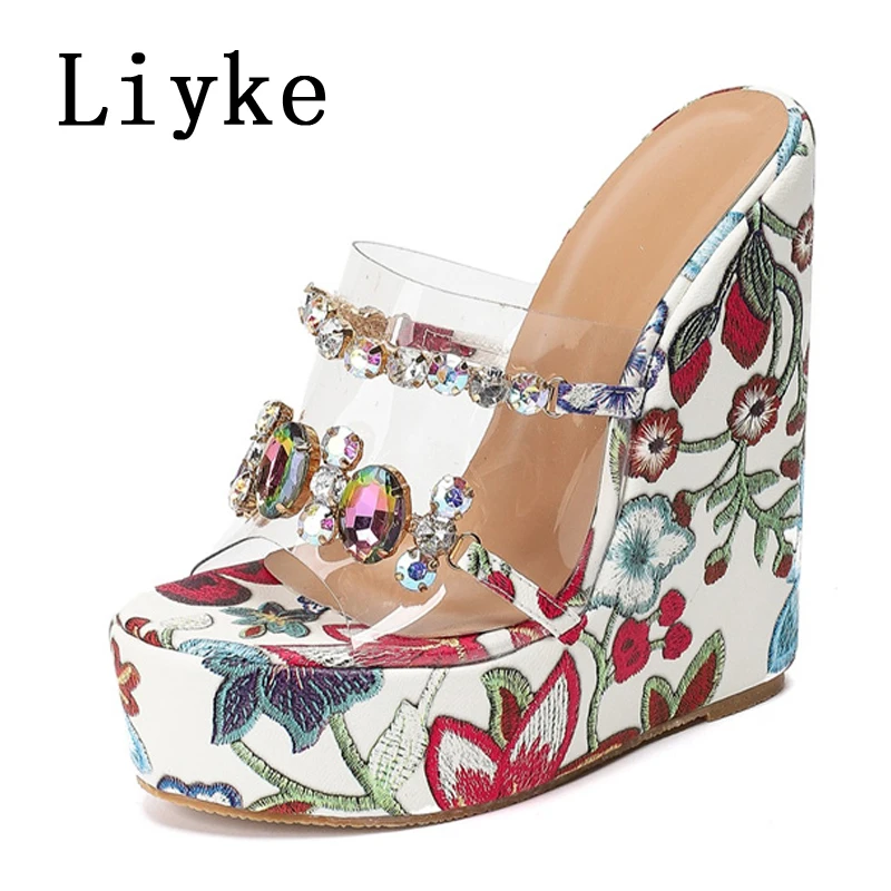 Liyke Sexy Print Thick Bottom Open Toe Wedges Slippers Women Platform High Heels Transparent Shoes Gems Chain Designer Sandals