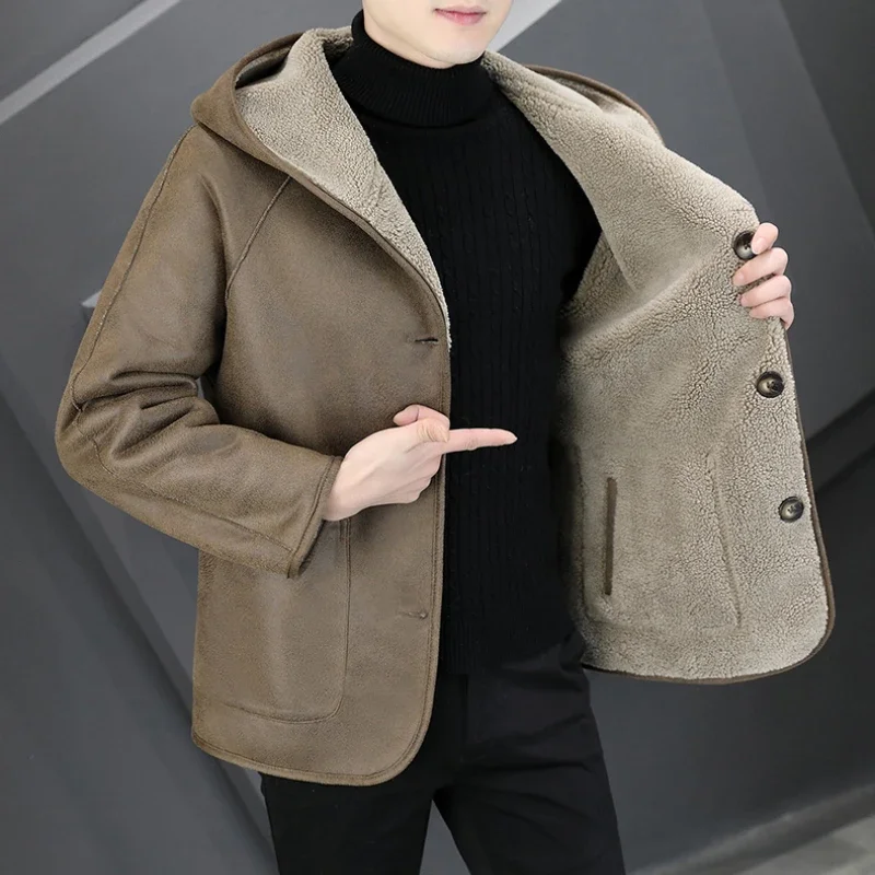 

Autumn and Winter Men's Double-sided Fur Hooded Coat Men's High Quality Gilding Granulated Fleece Thickened Warm Padded Jackets