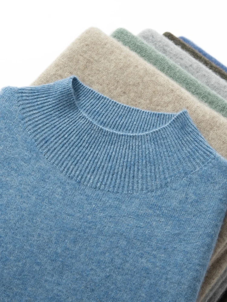 Men's Autumn Winter Mock Neck Basic Pullover 100% Cashmere Sweater Solid Color Simple Knitwear Soft Cashmere Clothing New Tops