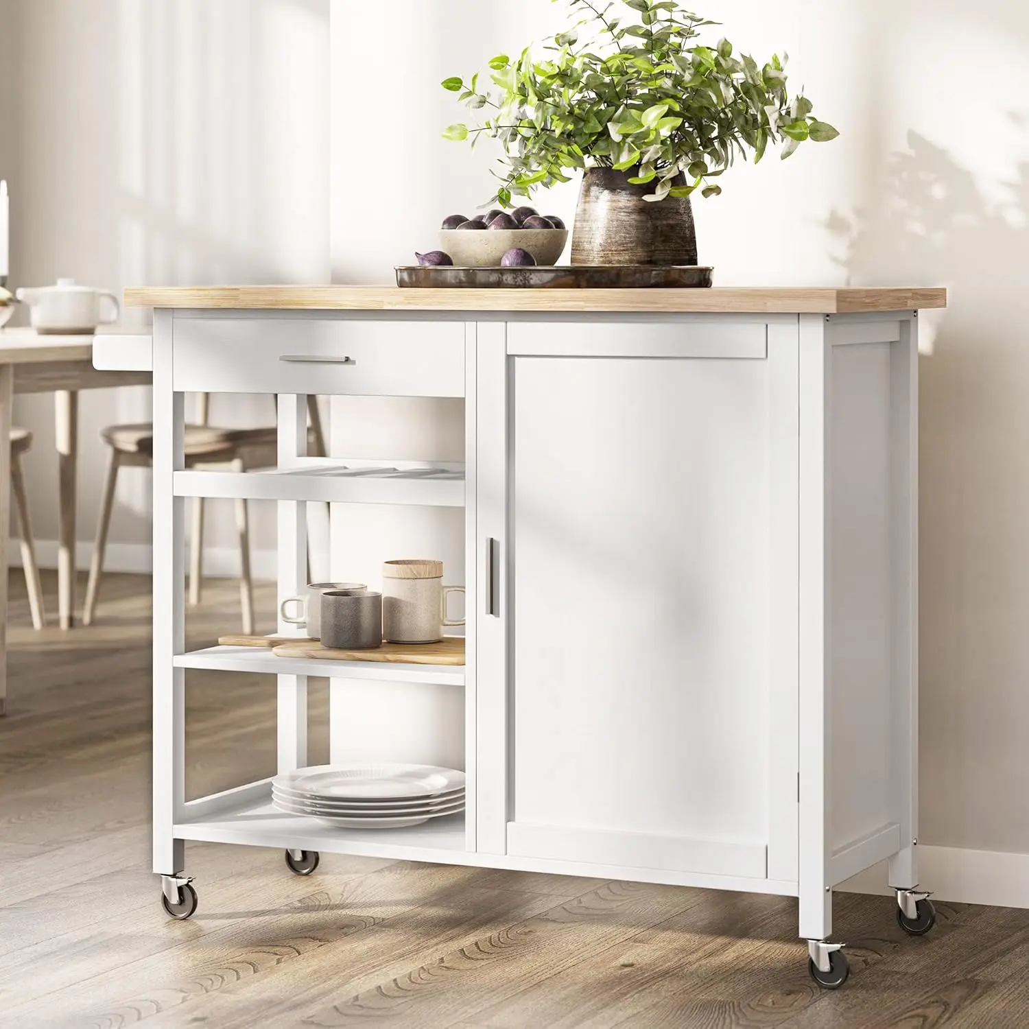 

Modern Rolling Kitchen Island Utility Cart with a Drawer, Storage Cabinet, Handle Towel Rack, Rubber Wood Top