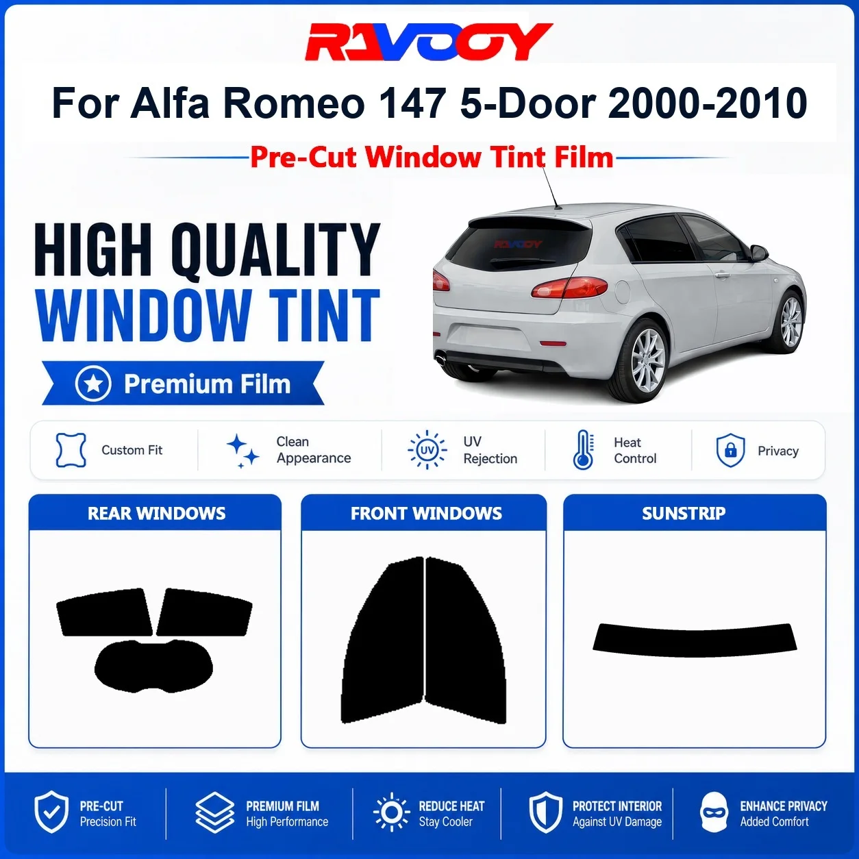 Premium Pre-Cut Window Tint For Alfa Romeo 147 5-Door 2000-2010 Front & Rear Windows UV Heat Rejection Privacy Film