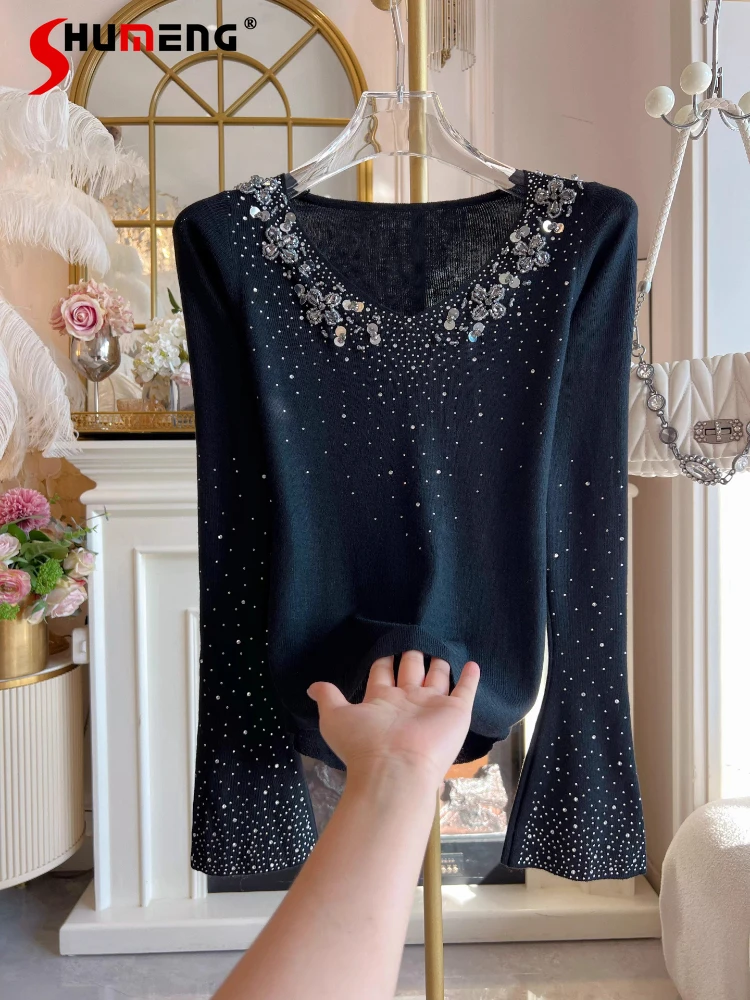 

Светские элегантные шикарные свитера 202, осенне-зимние модные трикотажные изделия с ромбовидными вставками и v-образным вырезом, облегающие вязаные топы с расклешенными рукавами