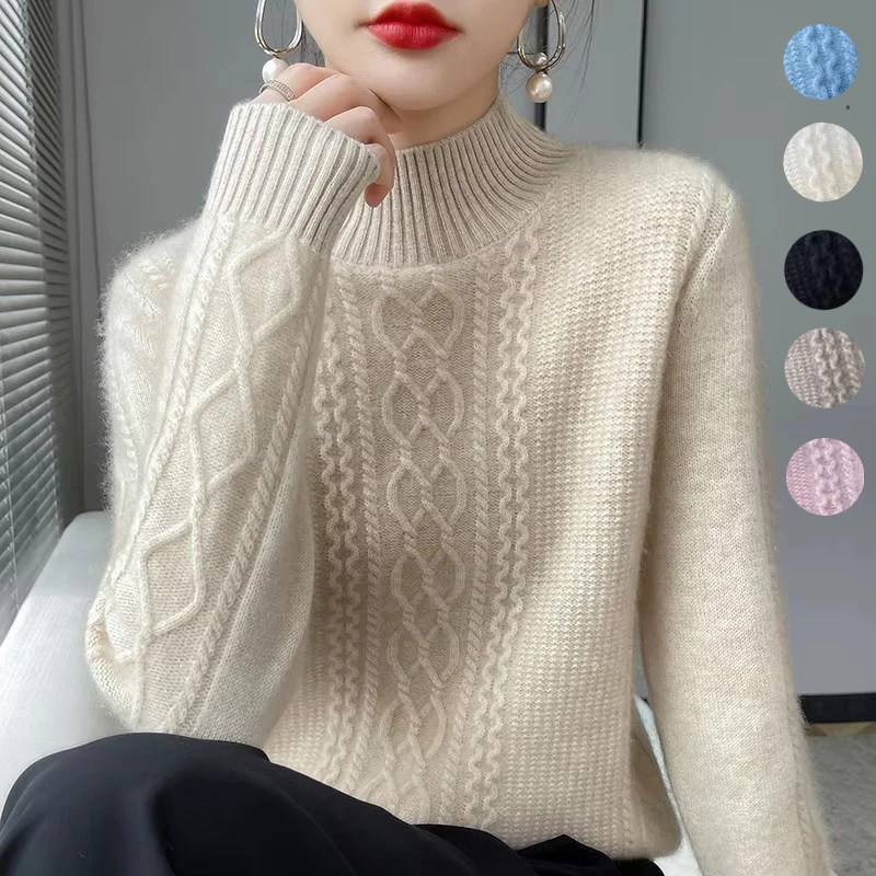 Neue Frühjahr Gestrickte Pullover Halb Hohen Kragen Lose Dicke Warme Pullover Für Frauen Vintage Wolle Herbst Winter Mutter Bodenbildung Top