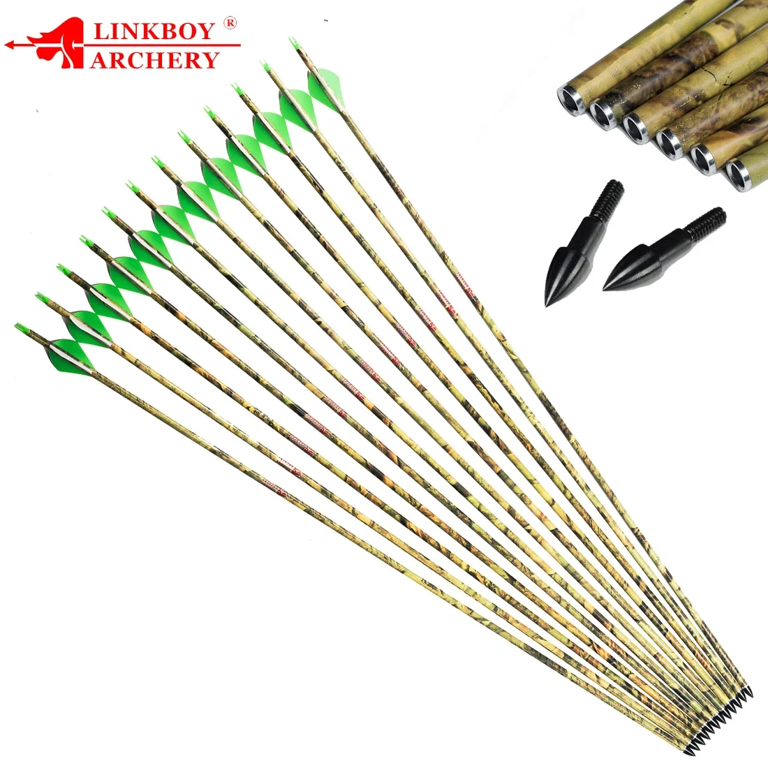 

Linkboy Archery Carbon Arrows Camo Spine 300 - 600 2inch Plastic Vanes 75gr Tips ID6.2mm Compound Bow Hunting 12pcs