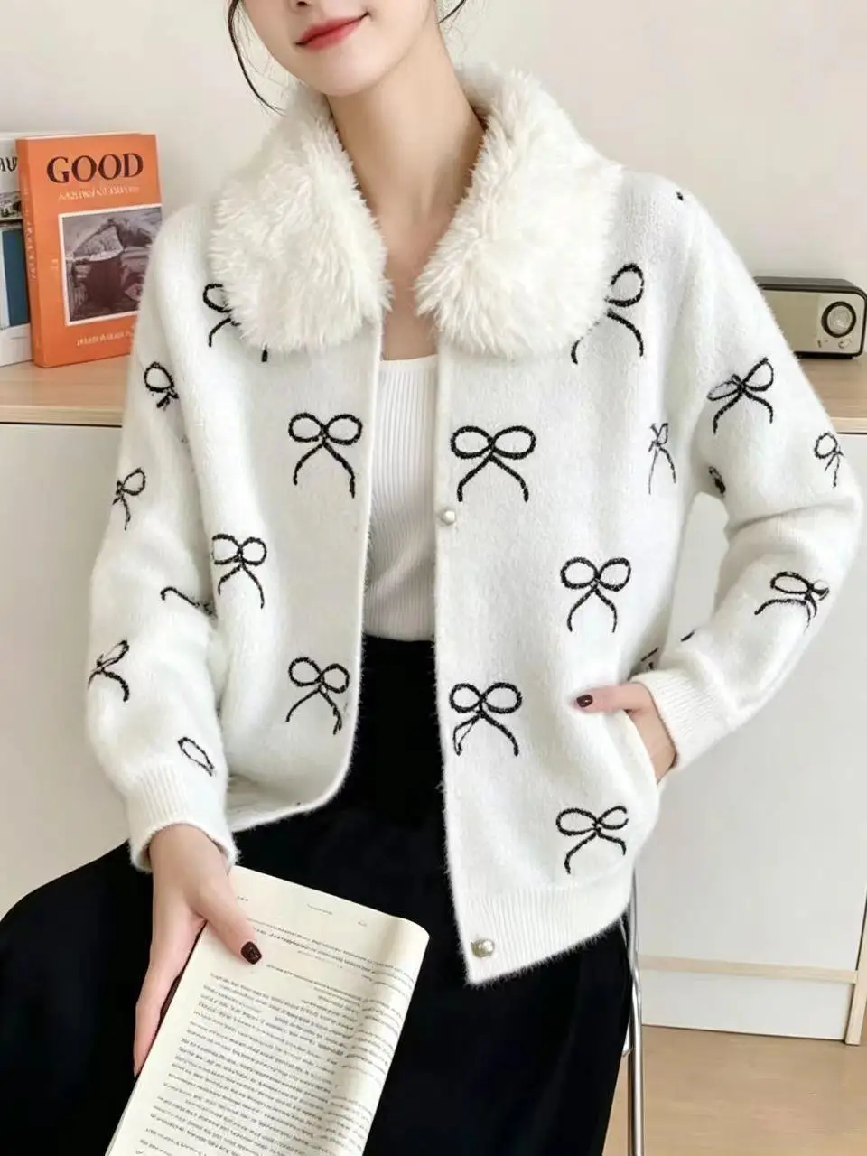 Knot Printed Knitted Cardigan Women's Fake Mink Short Top Autumn Winter Spring New Style Casual Loose Fit Soft Fabric