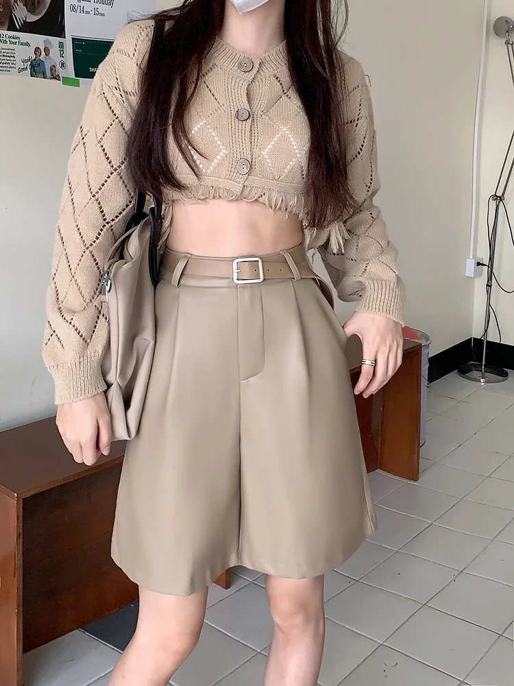 

Seoulish Autumn Winter PU Leather Women's Shorts with Belted 2022 New High Waist Vintage Pockets Office Wide Leg Trouses Female