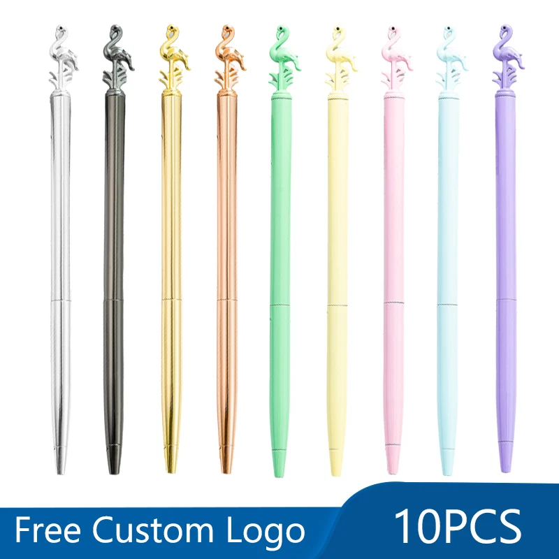 

10 шт., шариковая ручка с логотипом и фламинго, офисная рекламная ручка, выгравированное имя, мультяшные металлические шариковые ручки