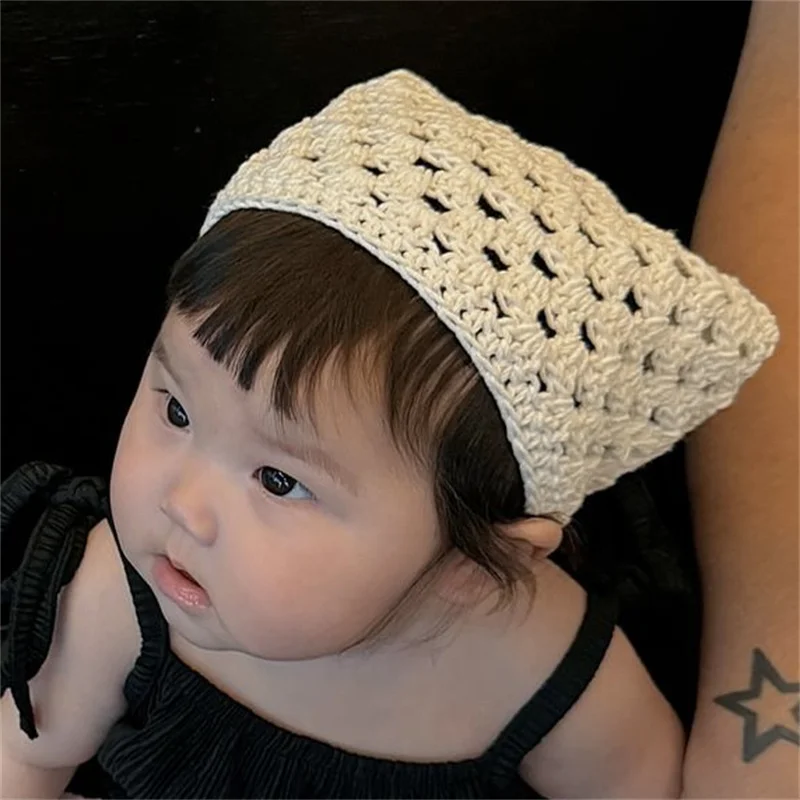 

Pure Hand knitting cute Small hollow square hat for children solid white Photography Props Cross-border sales Light Mesh cap