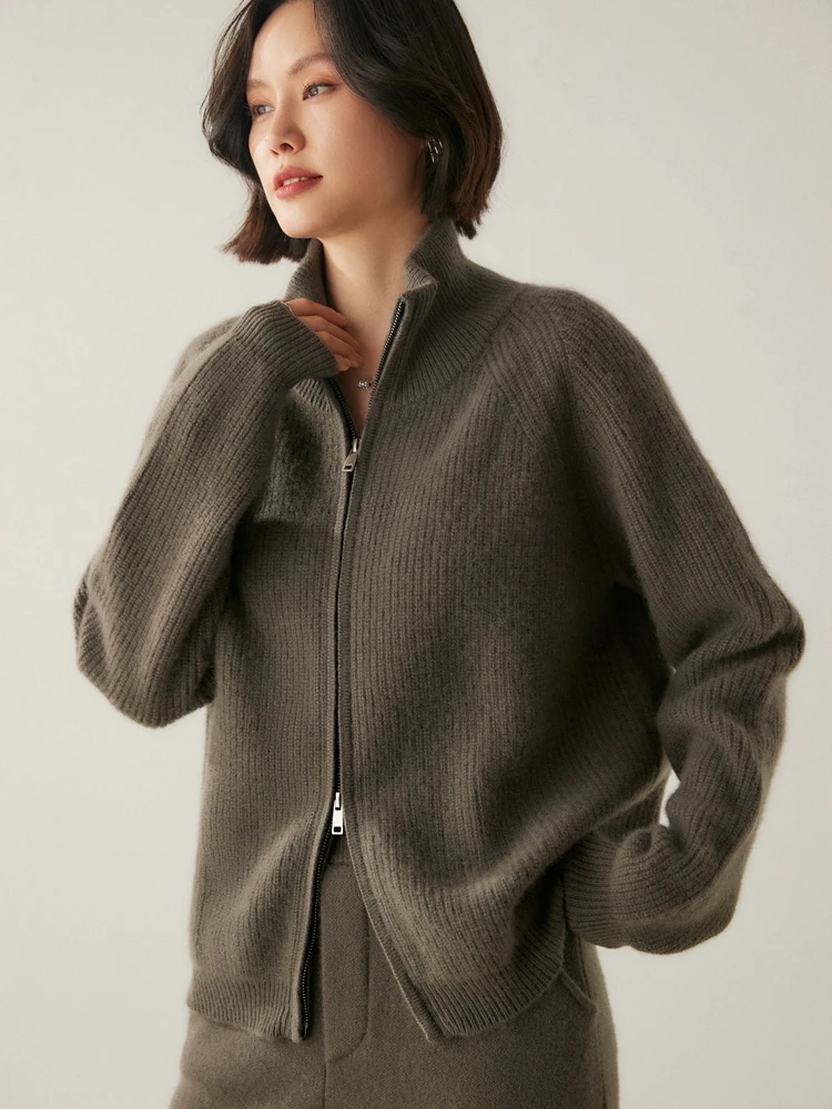 

New Chic Women's Zipper Cardigan 100% Goat Cashmere Sweater Turtleneck Autumn Winter Soft Warm Clothing Korean Popular Coat Tops