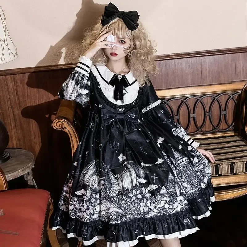 

Sweety Girly Diablo Lolita Style Dress Peter Pan Collar Cute Bow Kawaii Ruffles Full Sleeve Printing Gothic Loli Dress-ABC