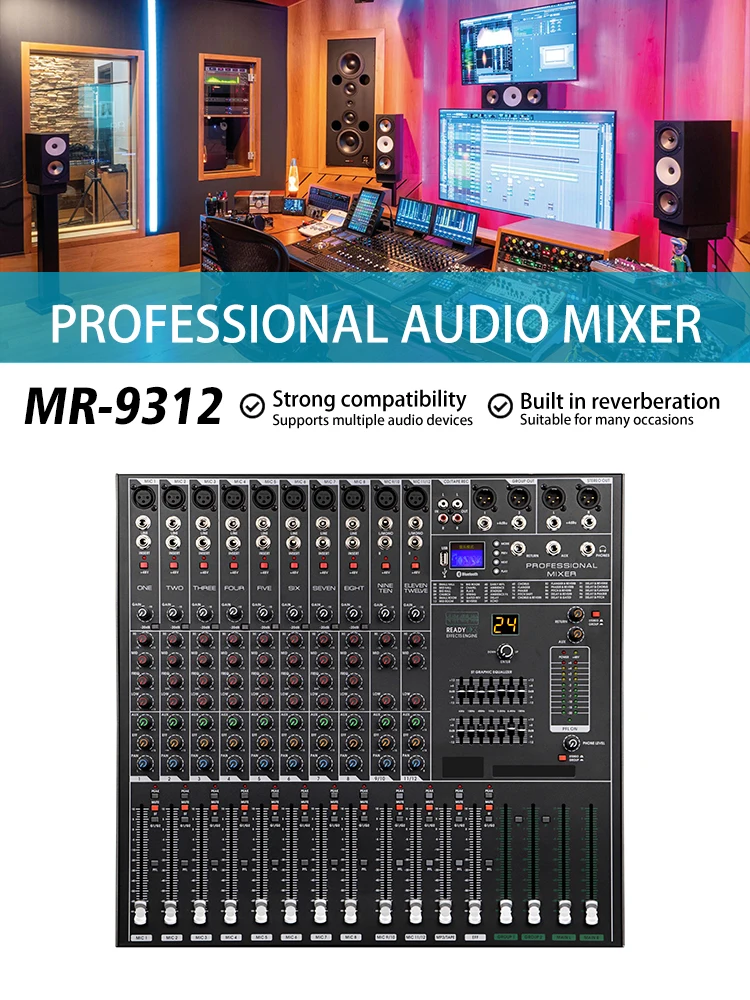 MR-9312 Professional Audio mixer Console DJ Player Independent Phantom Power 8 Channels USB Blue tooth