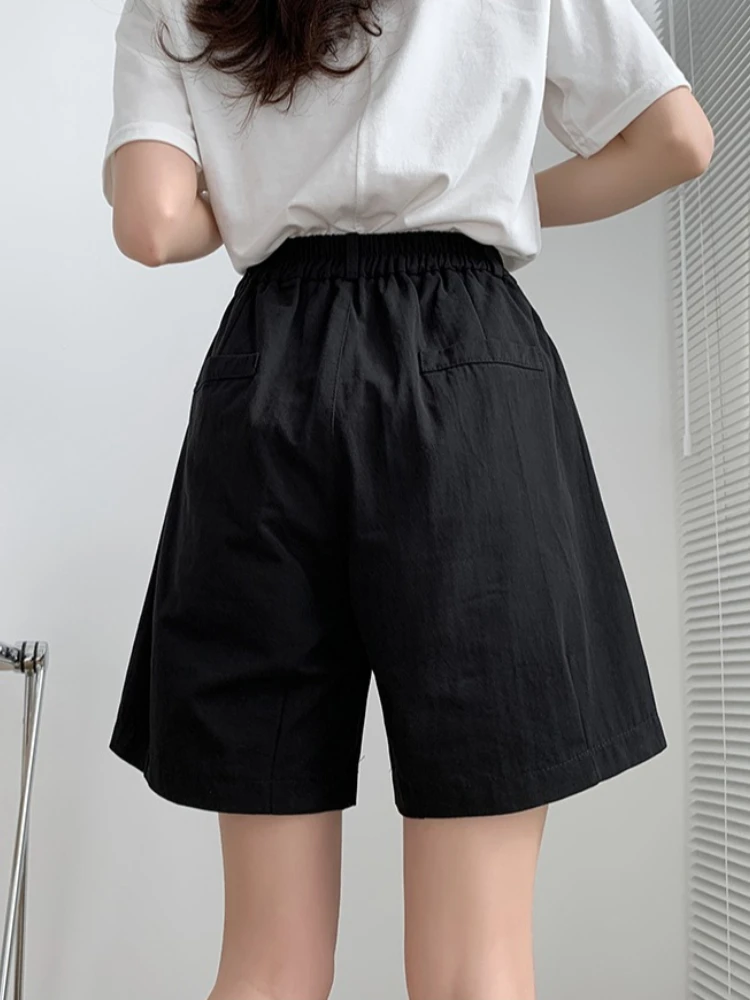 zjaiss Elastic Waist With Drawstring Loose Wide Leg Solid Color Bermuda Pants Summer New Cotton Pocket Shorts For Women