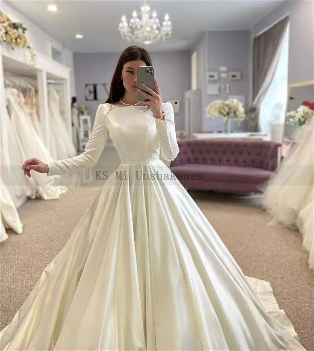 Vestidos de novia musulmanes de manga larga, ropa elegante de satén con cuello redondo, Estilo Vintage gótico