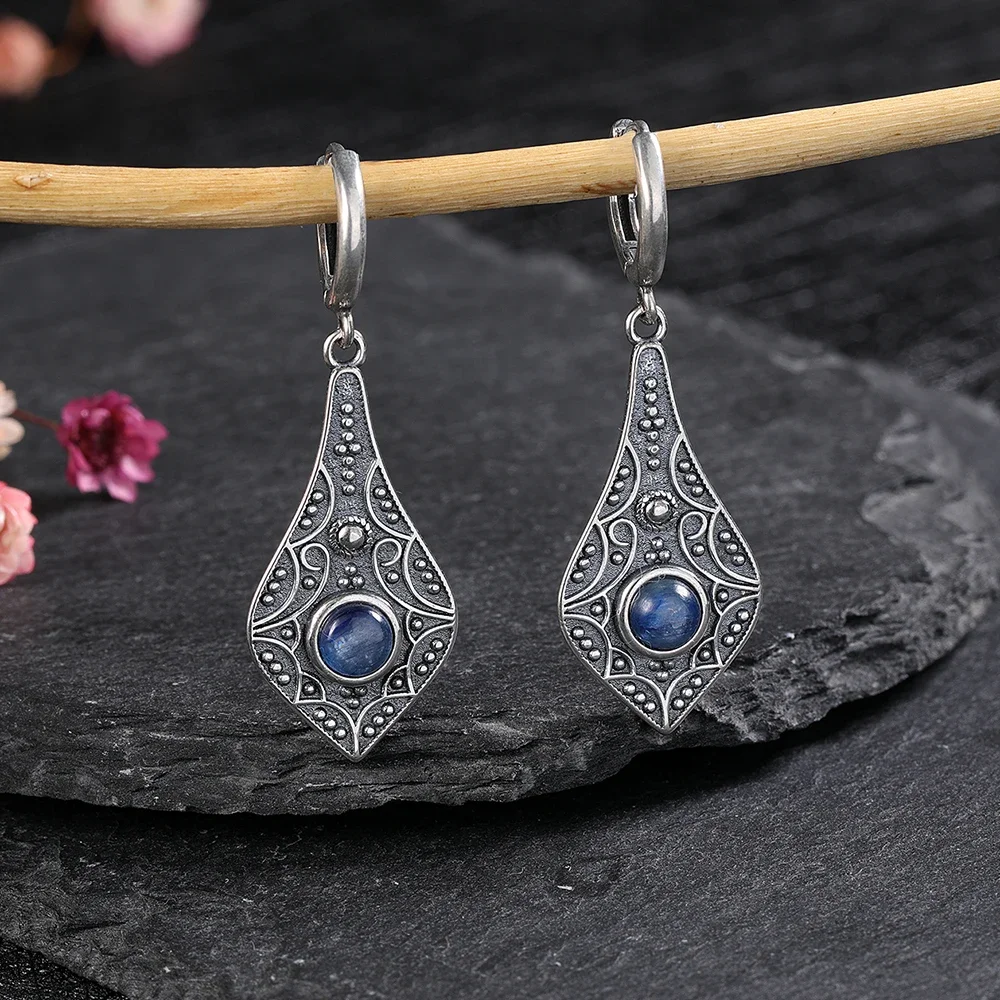 925 Silver Vintage Earrings Blue Sandstone Women\'s Earrings Elegant Party Jewelry Accessories Drop Fashion Earrings