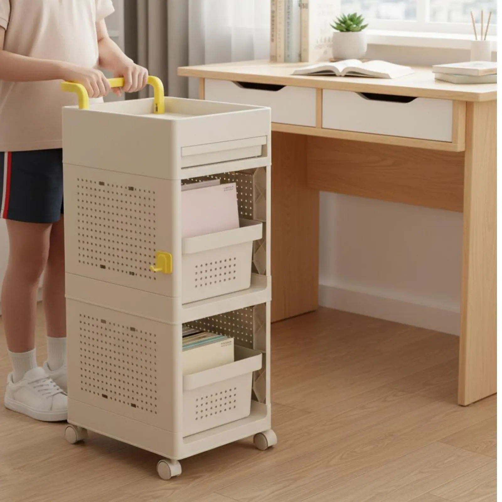 

Передвижная тележка-органайзер под стол на колесиках, 2-уровневая, с ручкой, легкая сборка, для родителей, для спальни