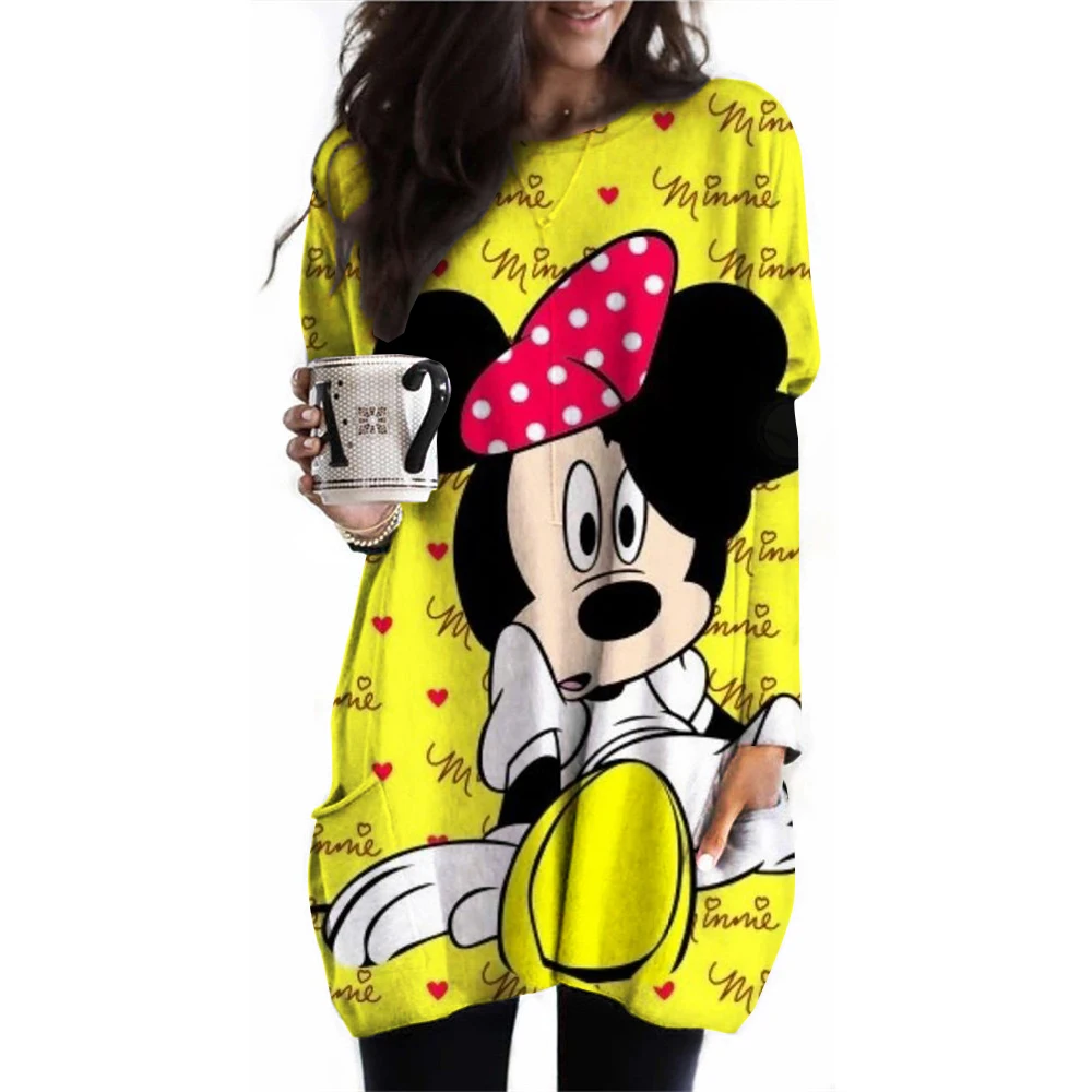 Disney Mickey Mouse Print T Shirt Women Graphic Shirts Casual Long Sleeved Minnie Mouse Pink Female Tee O-neck Harajuku T-shirts