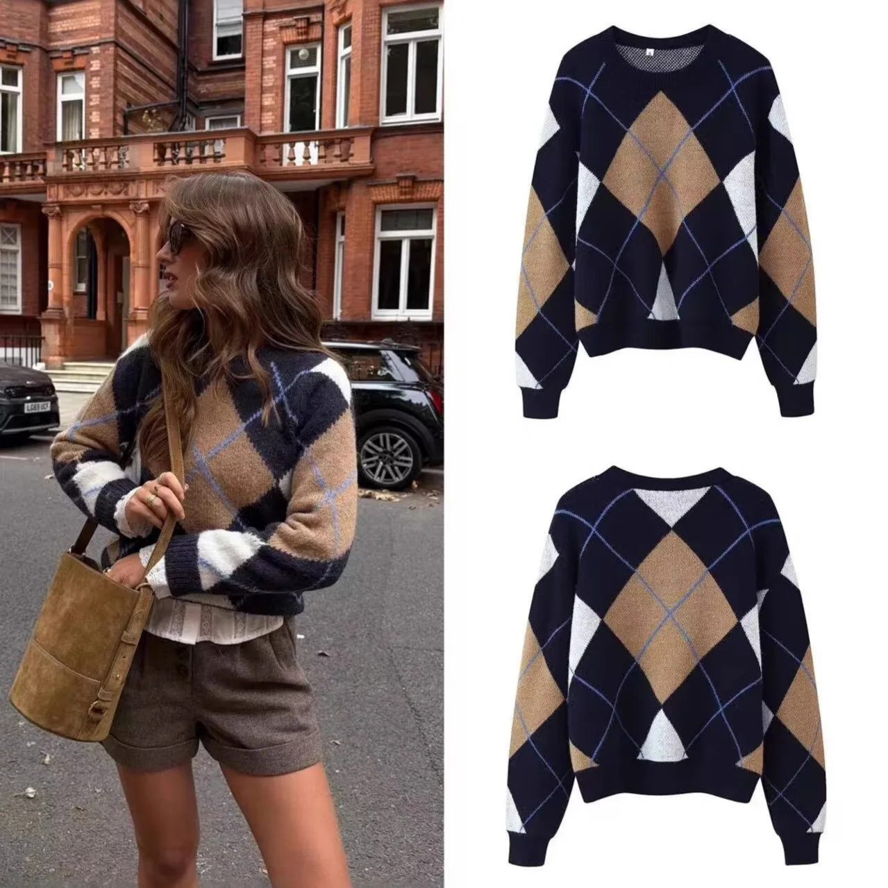 

Women's Vintage Warm Knit Sweater Autumn Winter Fashion Diamond Pullover Round Neck Sweater Casual Multi-Purpose Long Sleeve Top