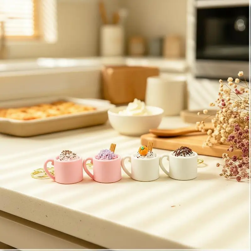 New！1Pcs Sundae Ice Cream Mug Shape Keycap Clicker Keychain 3D Printed Cute Simulated Coffee Cup Stress Relief Button Fidget Toy