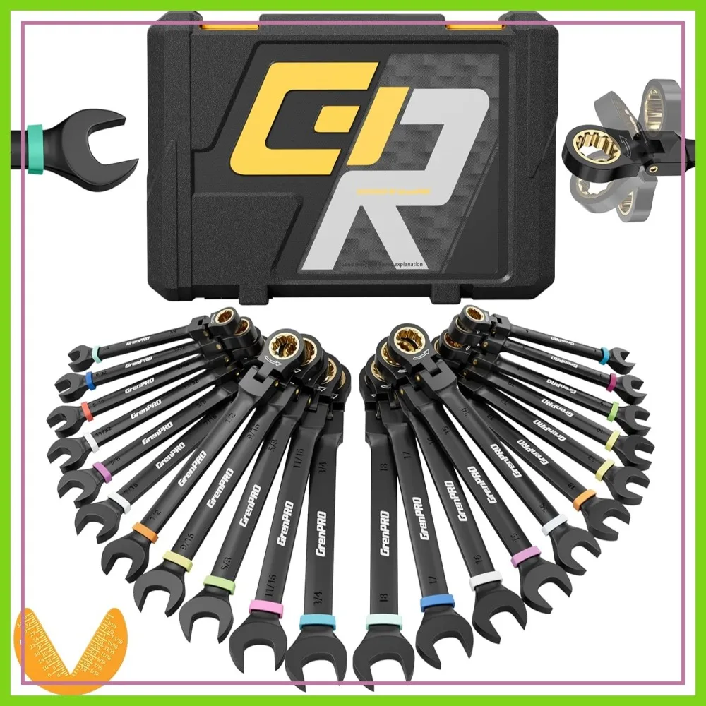 

23PCS Flex Head Ratcheting Wrench Set, Metric & SAE 6-18mm & 1/4"-3/4", Combination Wrenches with Color Rings