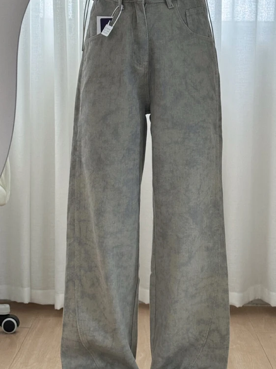 Damskie jeansy retro z wysokim stanem i szerokimi nogawkami, plus size, wyszczuplające, z nadrukiem tie-dye, unikalny design, proste spodnie do ziemi.