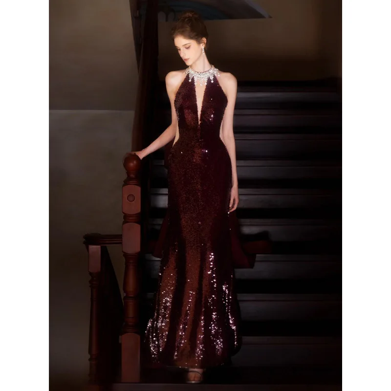 Sequined Toast Bride Wine Red Engagement Banquet Temperament Long Halter-Style Heavy Work Fishtail Evening Dress for W