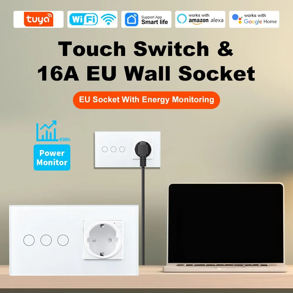 WiFi Smart Wall Socket 16A 2000W AC100-250V Power Monitor Socket 2.4GHz Works with Alexa Google Assistant Tuya APP Voice Control