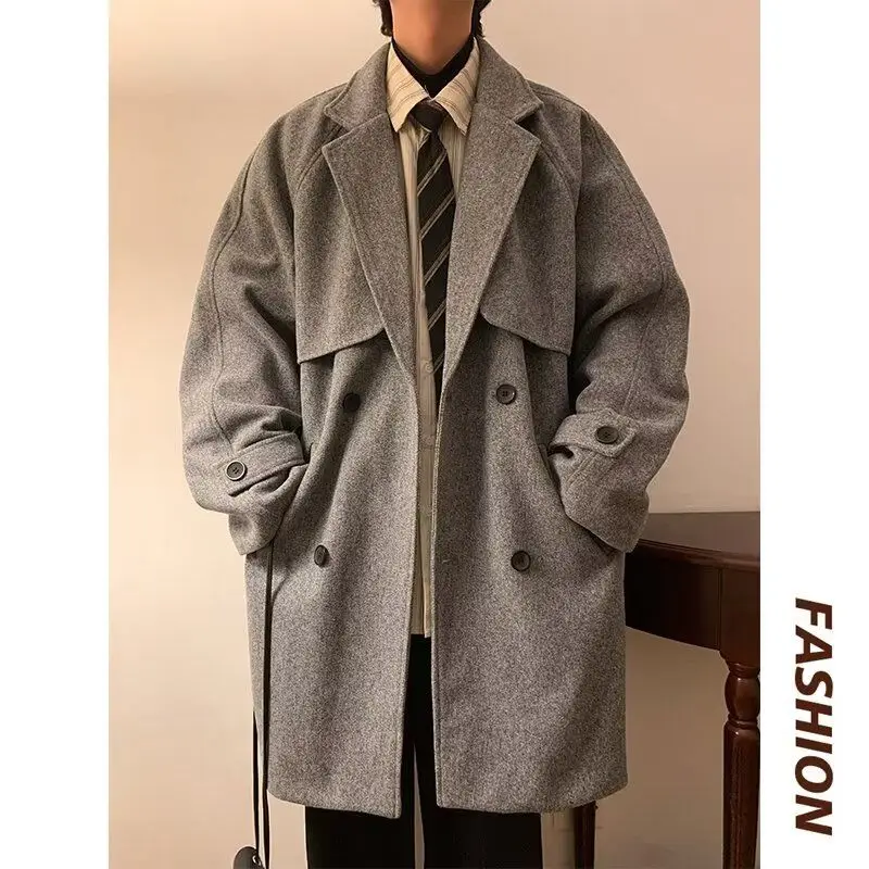 

Mid-length trench coat, men's cargo coat, niche design, woolen over-the-knee coat, Japanese retro, light and familiar, handsome