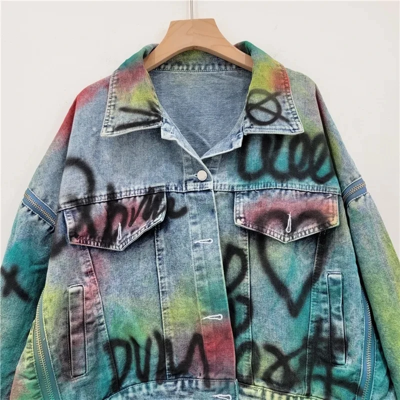 Women Denim Coat Loose Patchwork Zippers Letters Graffiti Contrast Color Irregular Jackets 2026 Summer New Fashion