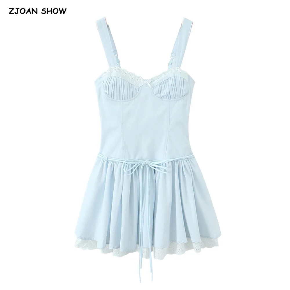 Princesa luz azul emendado renda branca ruched peito estilingue vestido feminino amarrando faixas 2 camadas plissado bolo vestidos