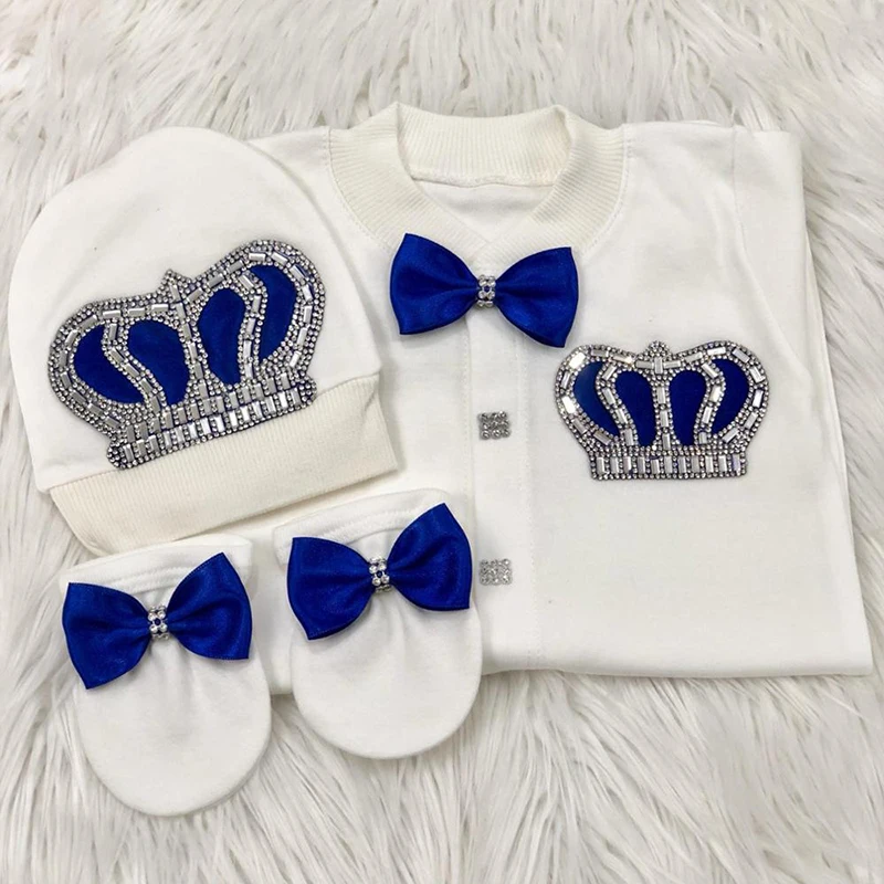 3pcs Newborn Royal Crown Jewelry Suit Welcome Home Baby Romper Hat Mittens Set 39 Week Pregnant Woman Photographyh