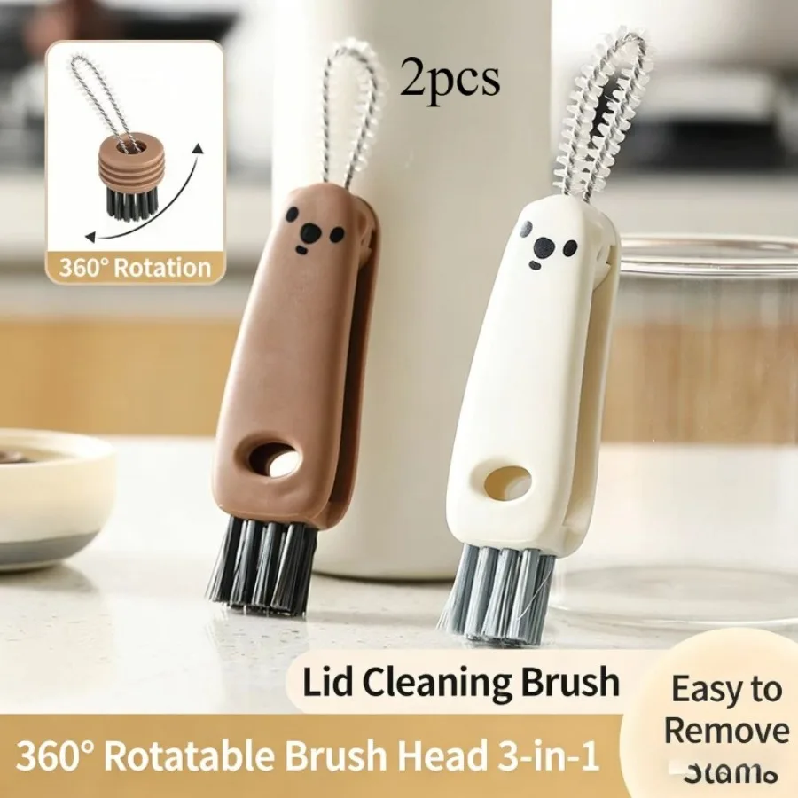 

2-piece Multifunctional Cup Lid Cleaning Brush with Hard Bristles and Crevice Brush Suitable for Water Bottles, Milk Bottles, Nipples, Cute Couple Style