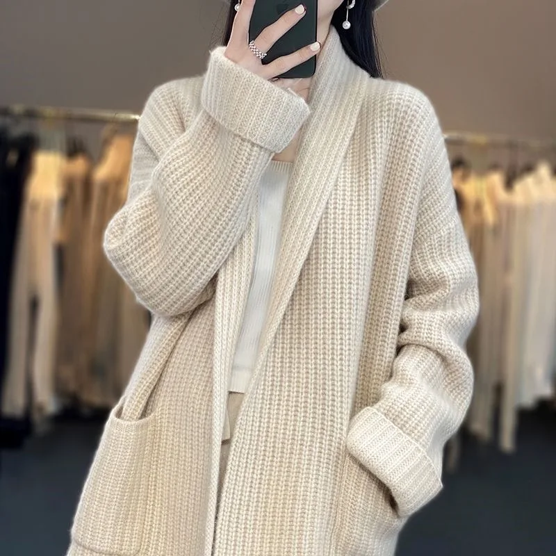 Women Autumn Simplicity Loose Office Lady Solid Color Long Sleeve Knitwear Women Clothes Casual All-match Knitting Cardigan Coat