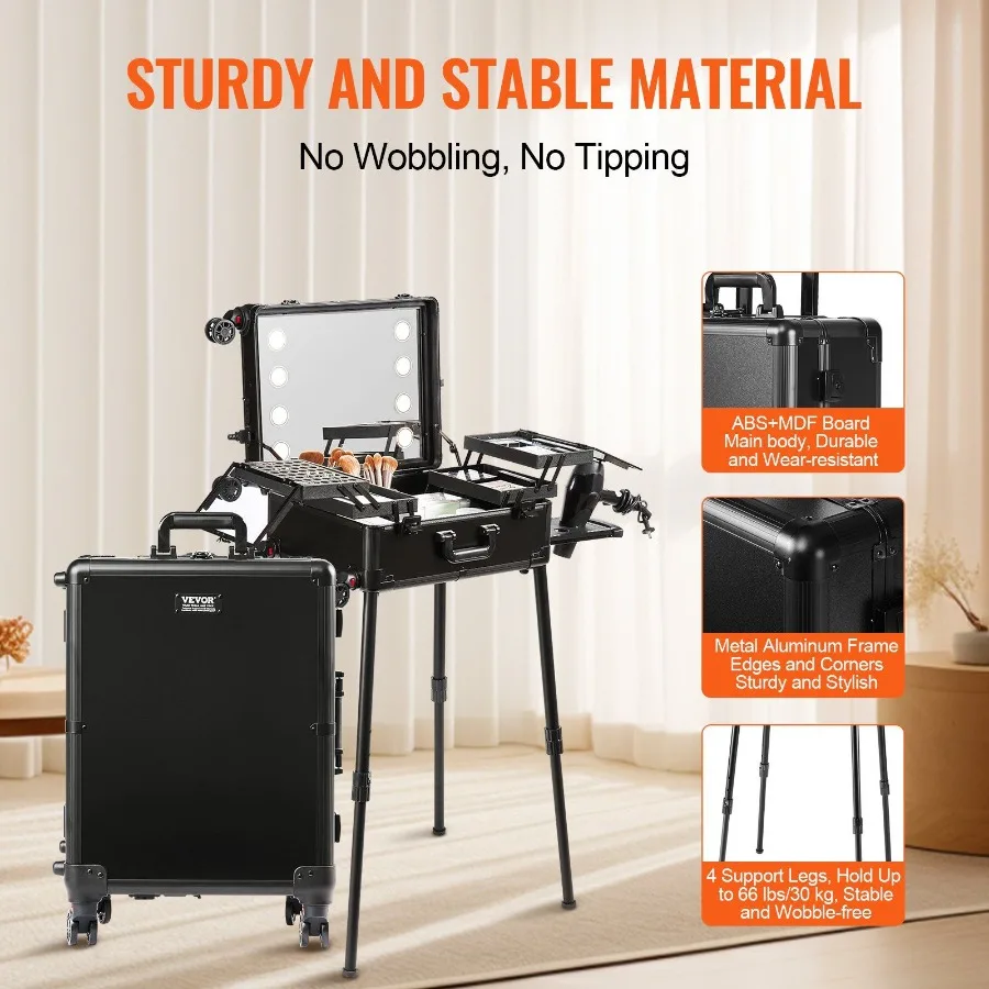 VEVOR Make-up-Zugetui mit Schloss, beleuchtetem Spiegel, 4 Aufbewahrungstabletts, Bürstenhalter, Reise-Kosmetik-Organizer, Box mit drehbaren Rädern, Pr