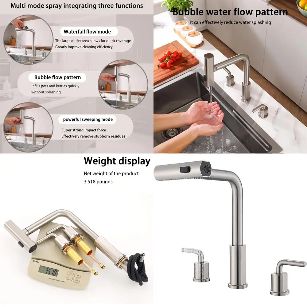 

8 Brushed Nickel 3-Hole Pull-Down Spray Kitchen Faucet Set with Two Handles