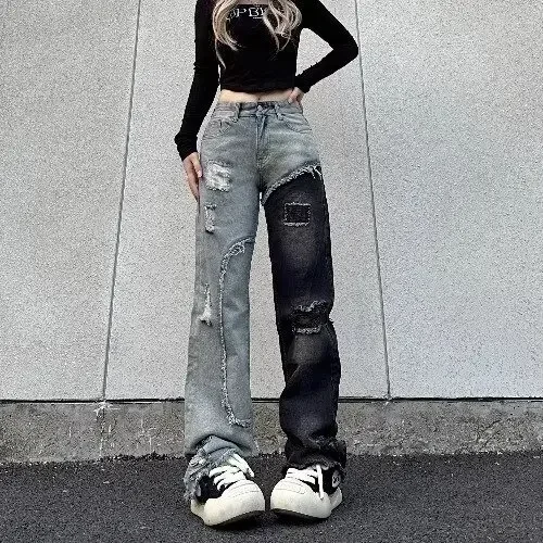 

American retro stitching jeans with contrasting colors and holes children's autumn new niche design straight trousers jeans