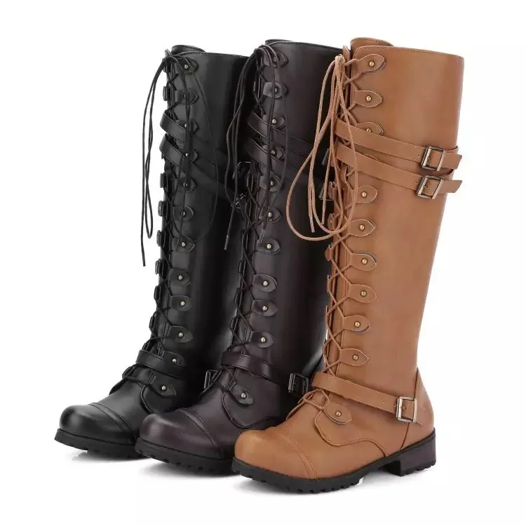 Stivali alti al ginocchio da donna autunno inverno scarpe basse stringate Sexy Steampunk PU scarpe medievali con fibbia retrò stivali da neve da