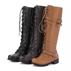 Stivali alti al ginocchio da donna autunno inverno scarpe basse stringate Sexy Steampunk PU scarpe medievali con fibbia retrò stivali da neve da donna