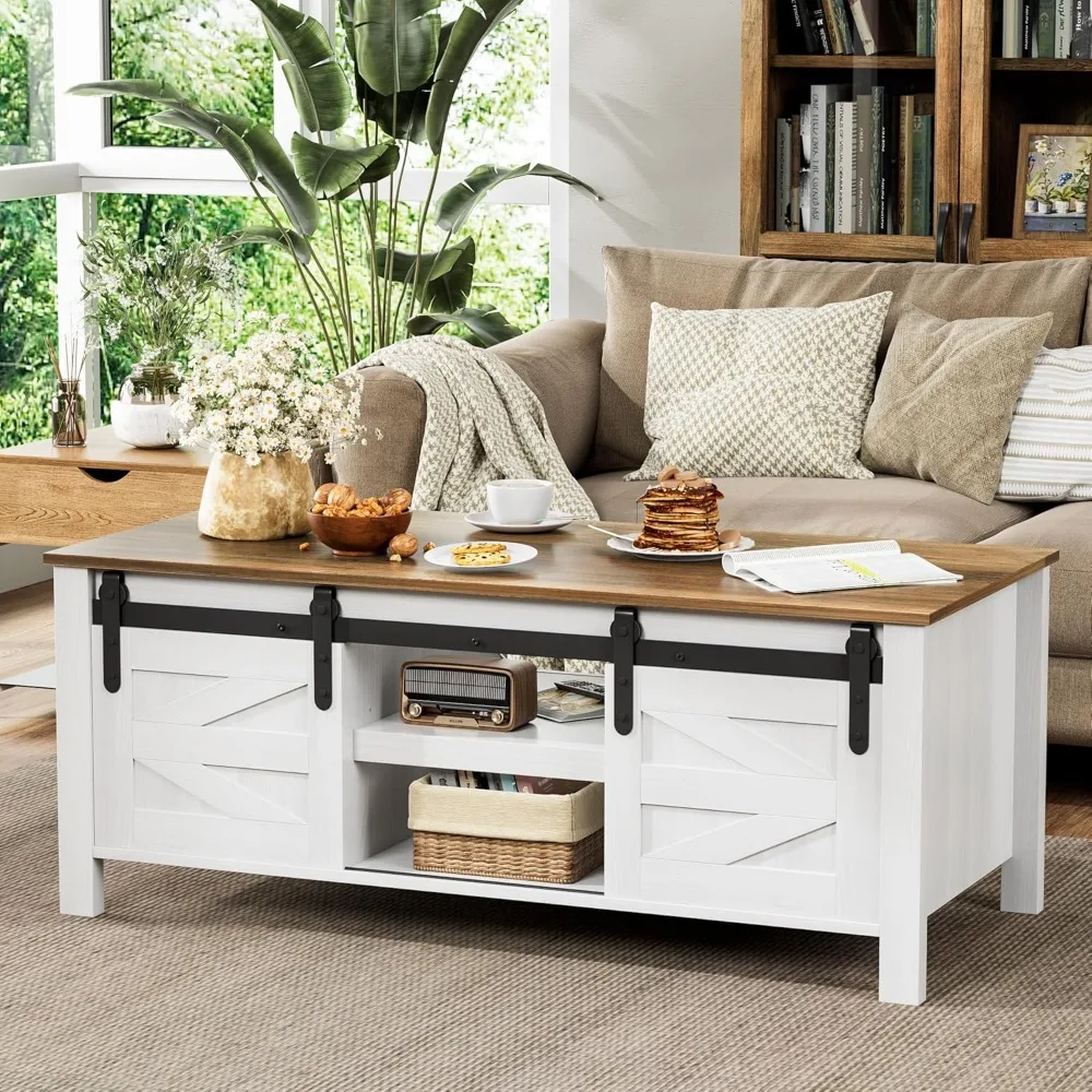 

Farmhouse Coffee Table with Storage & Sliding Barn Doors, Modern Rustic Living Room Table with Adjustable Shelves