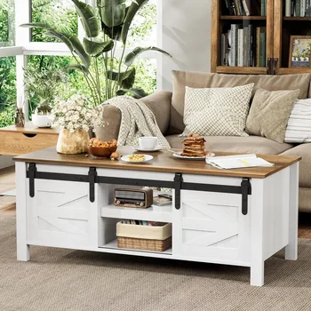 Image Farmhouse Coffee Table with Storage & Sliding Barn Doors, Modern Rustic Living Room Table with Adjustable Shelves