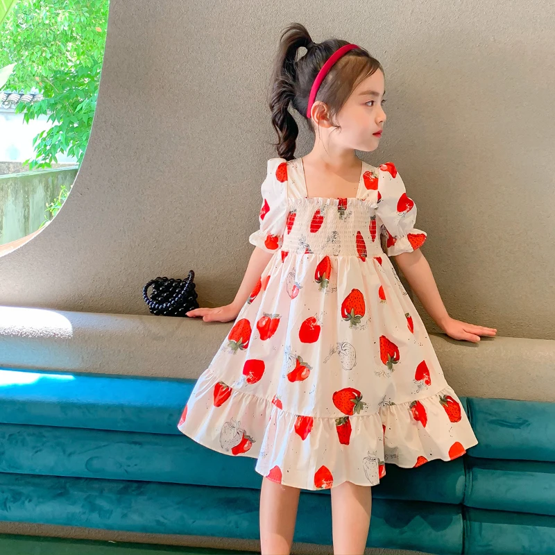 Girls Dresses 2023 Summer Short-sleeved Cotton Dress for Children's Clothing Princess Kids Strawberry Print Beach Holiday Dress