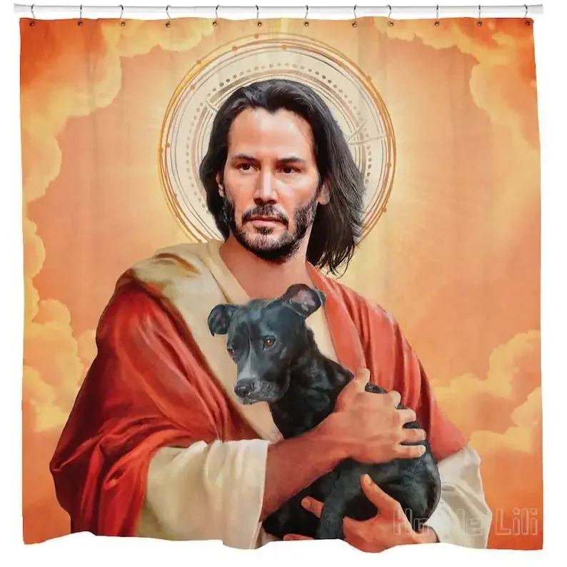 Religious Shower Curtain Funny Bathroom Decor Dog Art Movie Poster Celebrity Artwork Famous Jesus Orange Clouds Saint Keanu