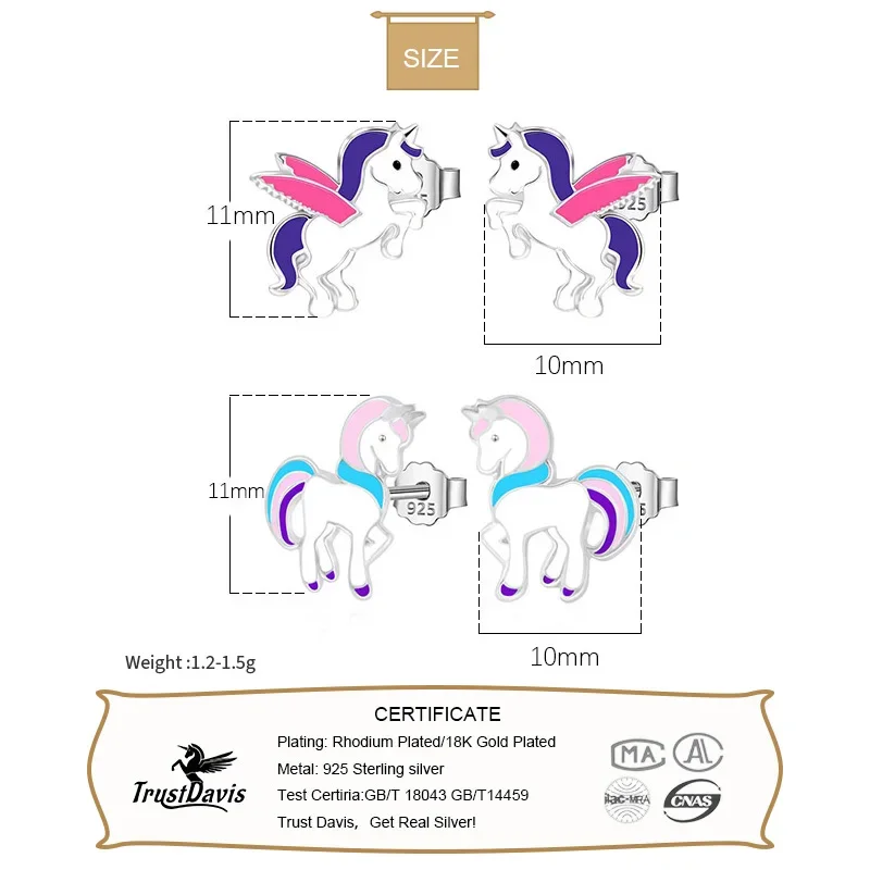 TrustDavis Real 925 Sterling Silver Stud Earrings For Women Girls Wedding Party Color Glaze Pegasus Fine Earring Jewelry DK020