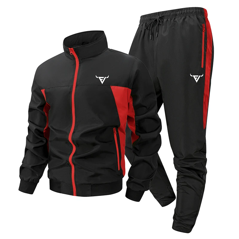 Bull Print Colorblock Sports Set for Men Tracksuit Outdoor Zip Up Jacket Coat Outwear Tops Pants Trousers with Zipper Pockets