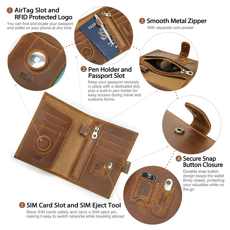Immagine 7: Portafoglio da Viaggio in Vera Pelle CONTACT'S per Uomo con Slot per AirTag, Protezione RFID, Porta Penne e Carte, Portamonete, Regalo da Viaggio